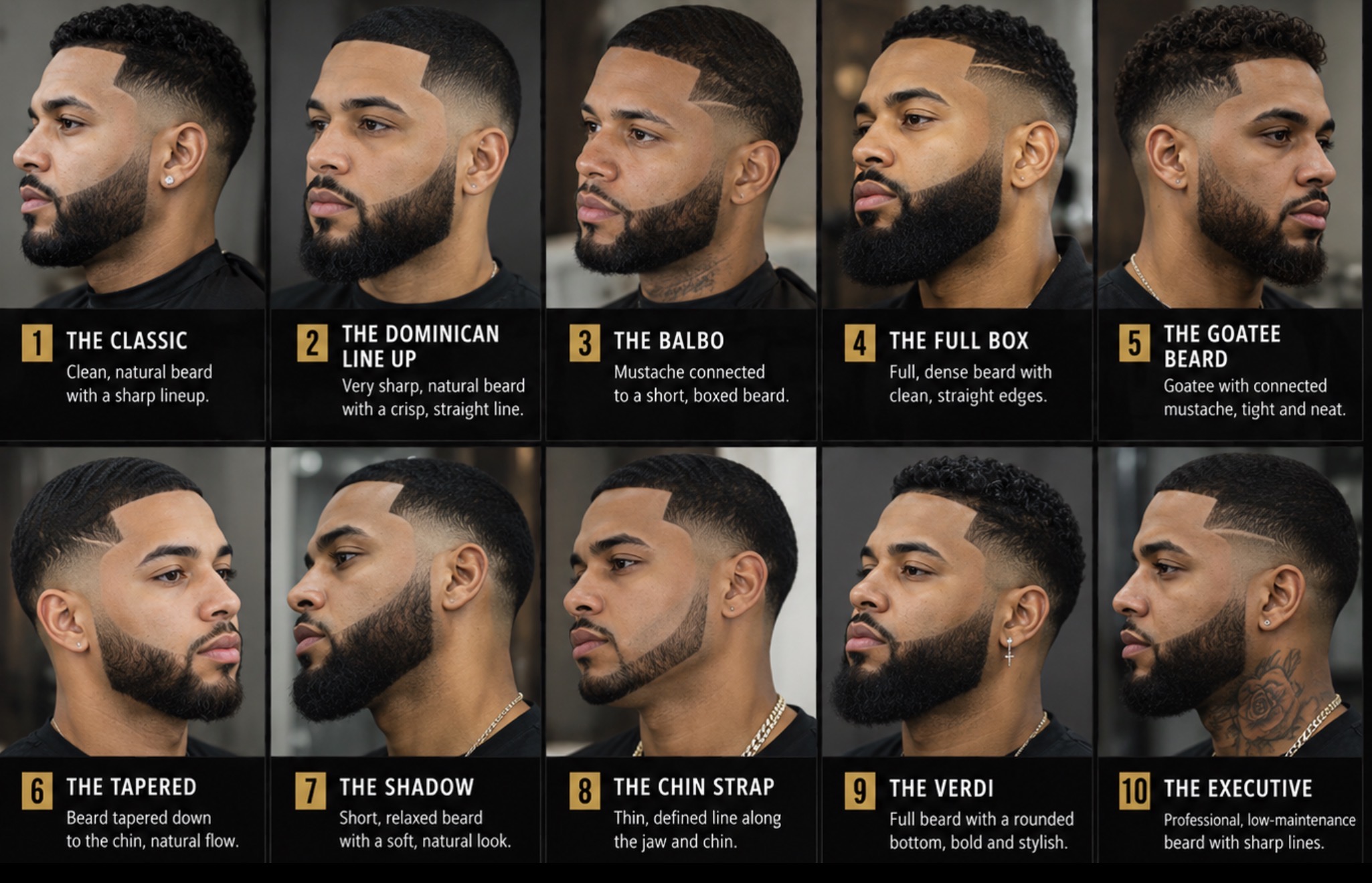 10 signature beard styles: The Classic, The Dominican Line Up, The Balbo, The Full Box, The Goatee Beard, The Tapered, The Shadow, The Chin Strap, The Verdi, The Executive