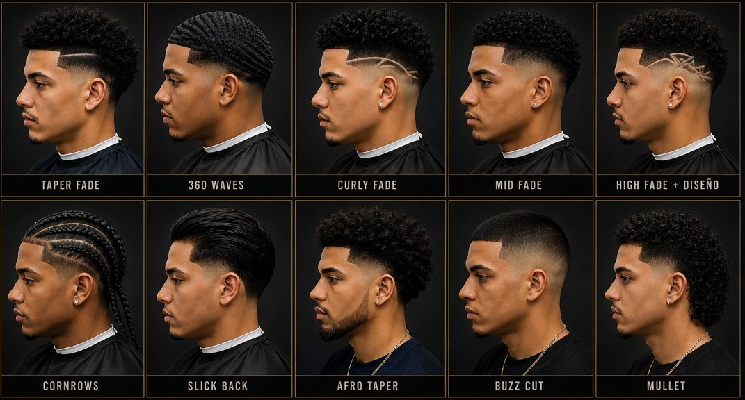 10 signature haircut styles: Taper Fade, 360 Waves, Curly Fade, Mid Fade, High Fade + Diseño, Cornrows, Slick Back, Afro Taper, Buzz Cut, Mullet